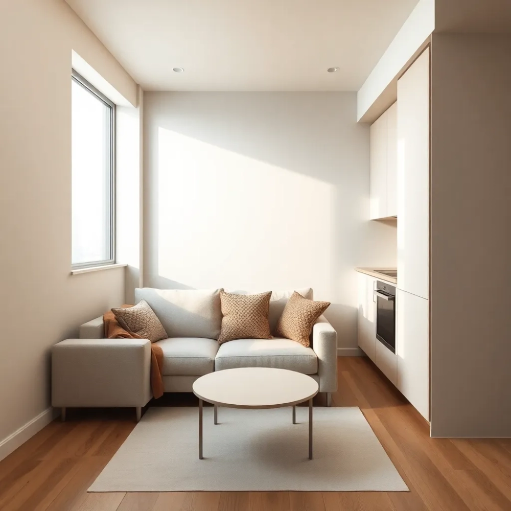 Aranżacja małego salonu z aneksem kuchennym