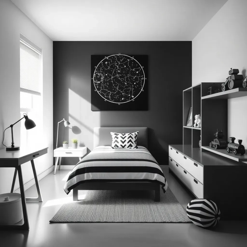 Biało czarny pokój dla chłopca