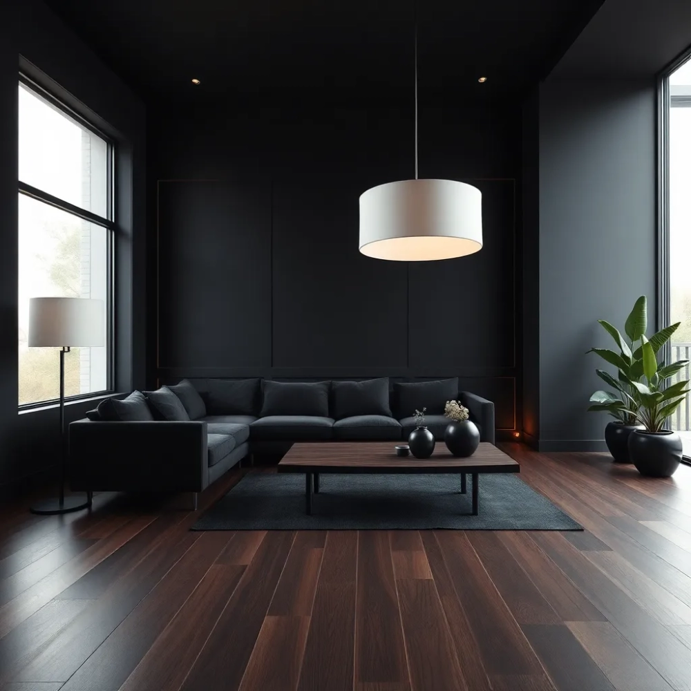 Czarny salon z drewnem