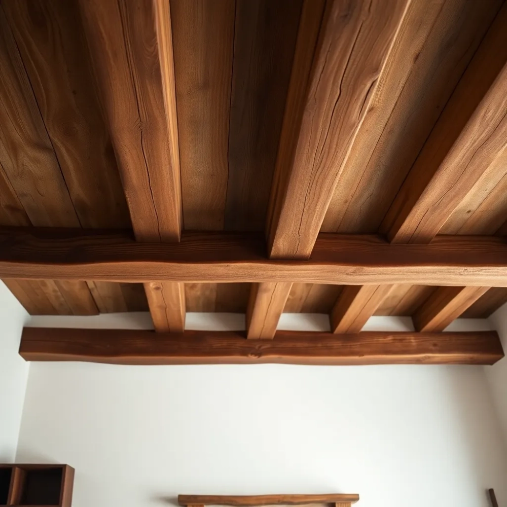 Drewniane belki na suficie w salonie