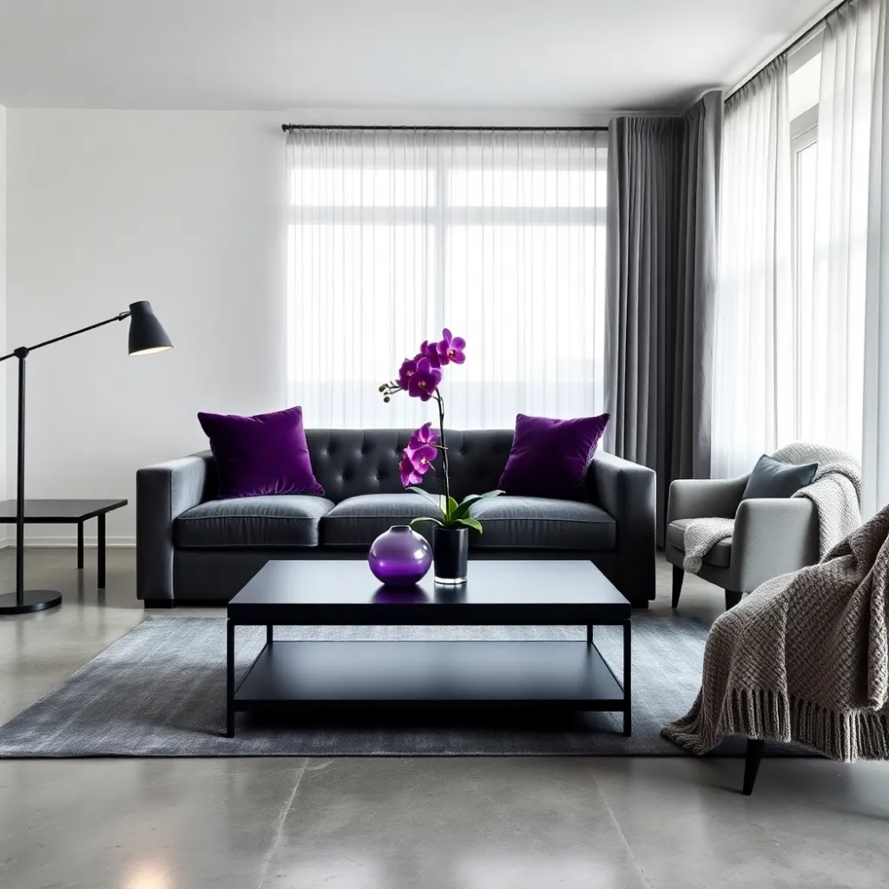 Fioletowe dodatki do szarego salonu