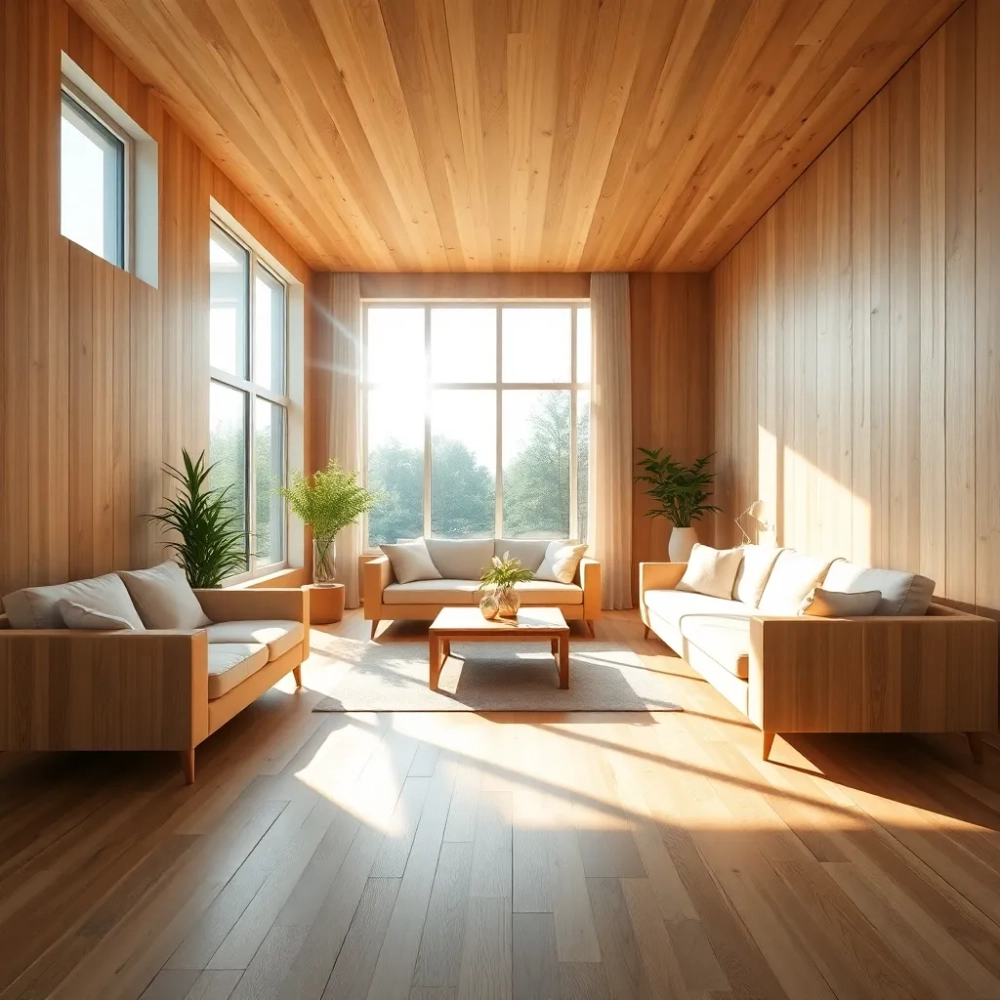 Jasny salon z drewnem