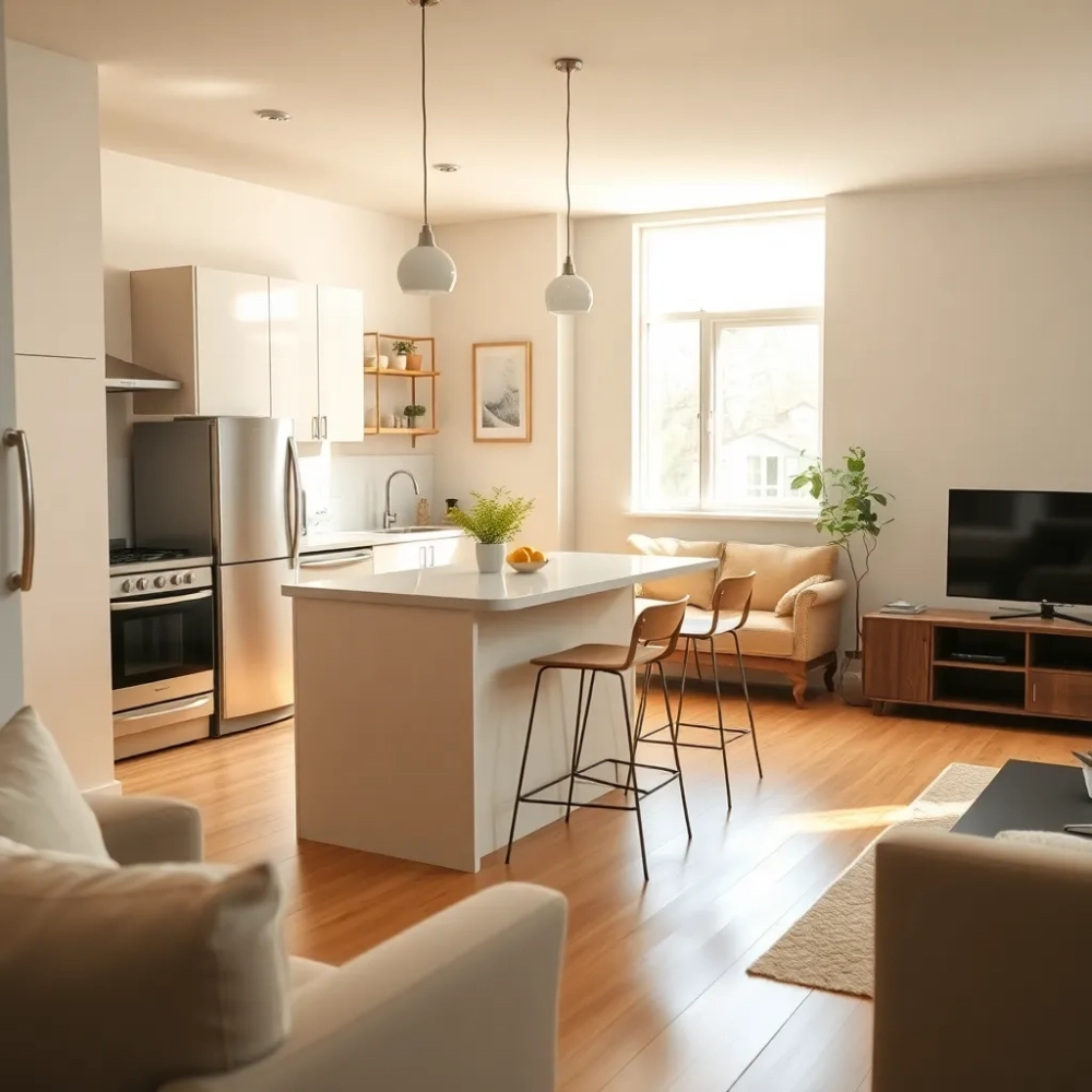 Mała kuchnia z wyspą i salonem