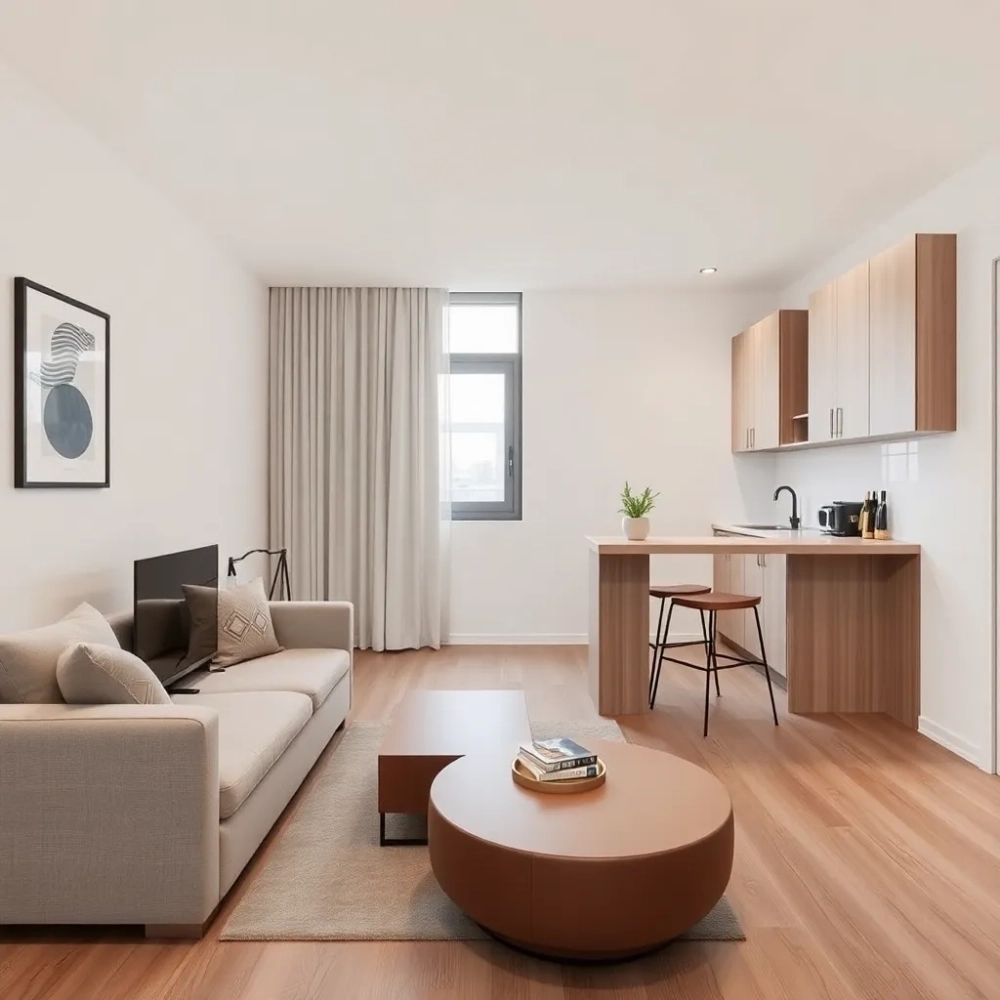 Mały salon z aneksem kuchennym w bloku