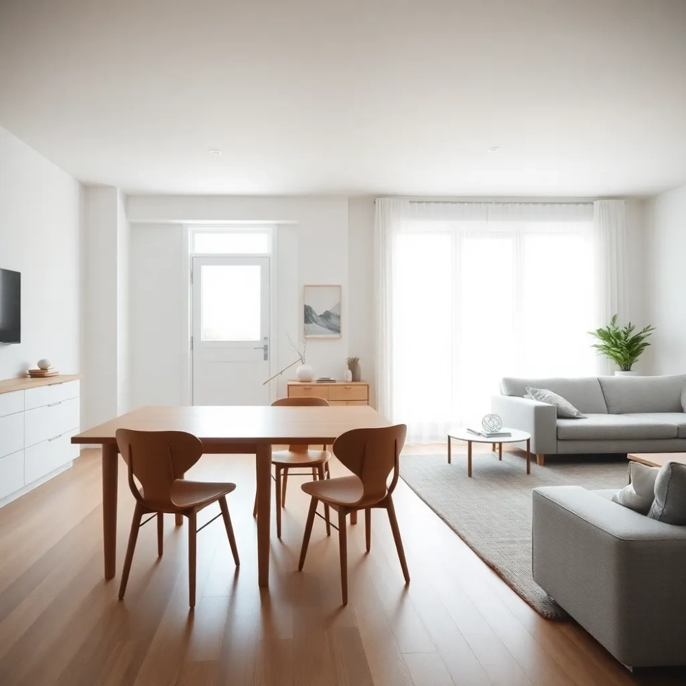 Minimalistyczny salon z jadalnią