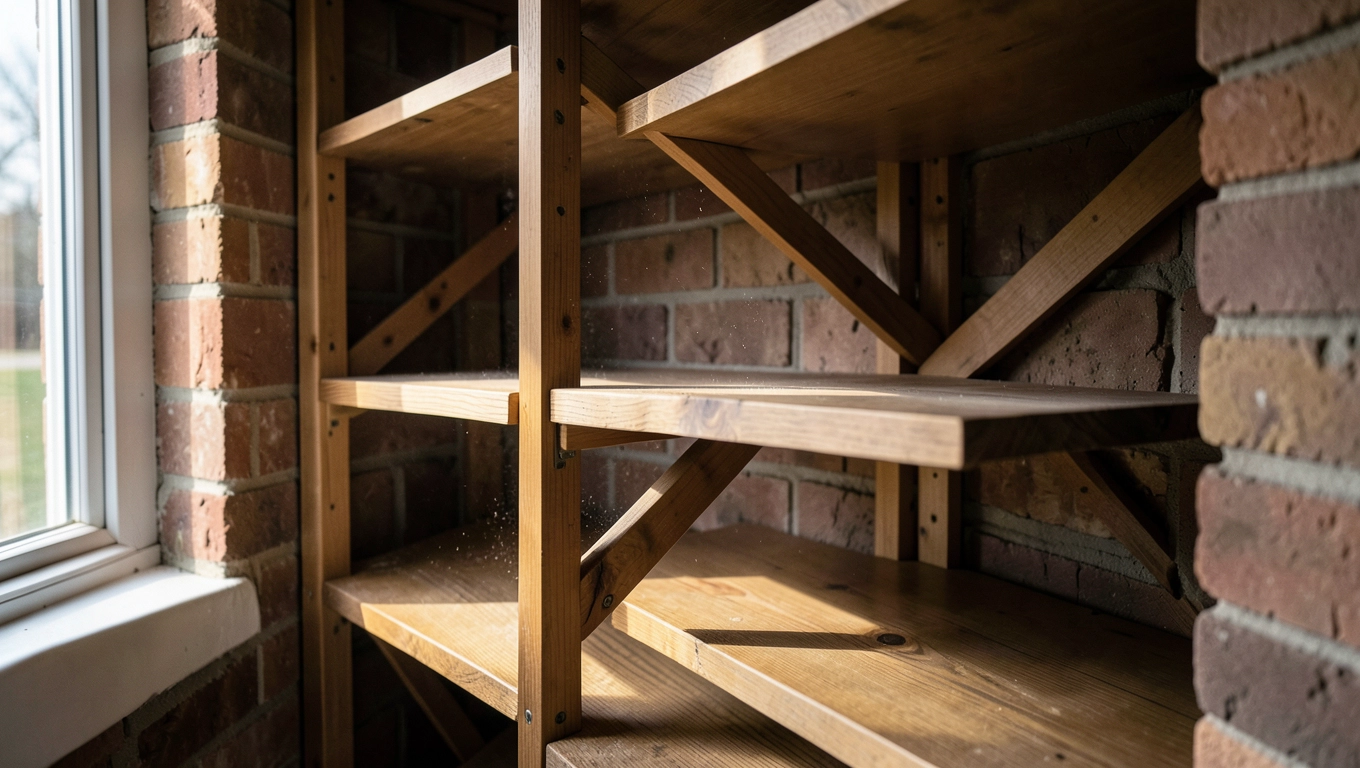 Montaż drewnianych regałów w spiżarni