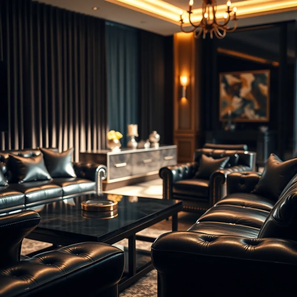 Nowoczesny salon z ciemnymi meblami