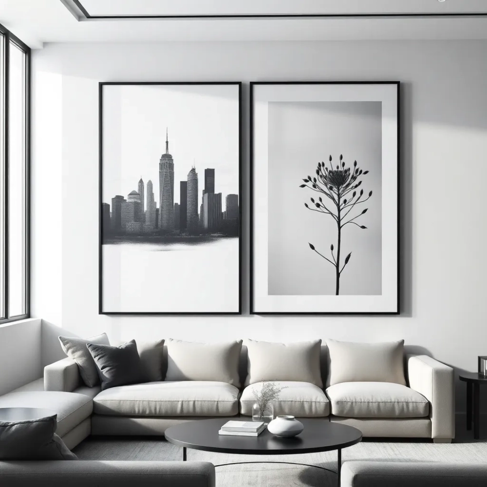 obrazy do salonu czarnobiałe w ramie