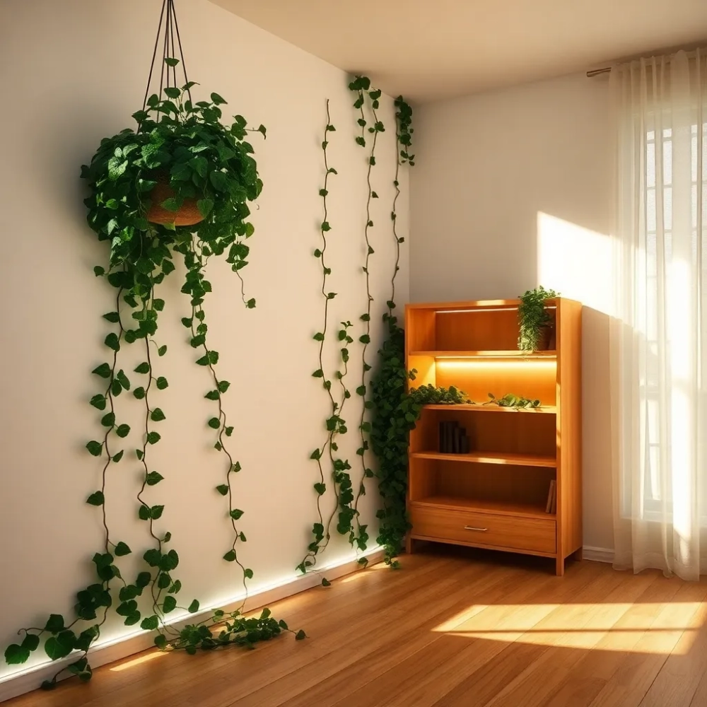 Pokój z bluszczem i ledami