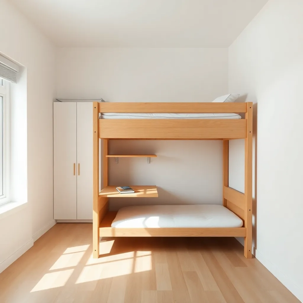 Pokój z łóżkiem piętrowym i biurkiem