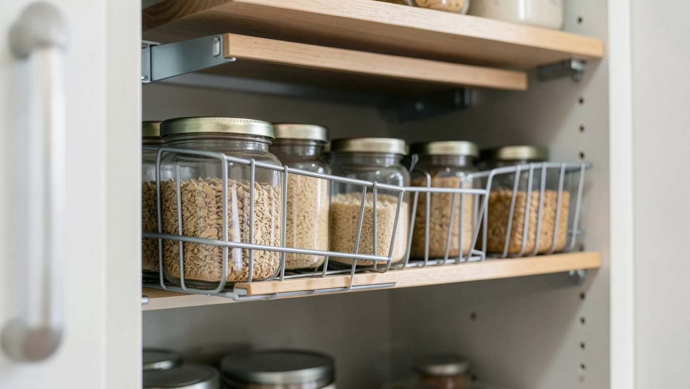Półki i kosze do spiżarni w szafce