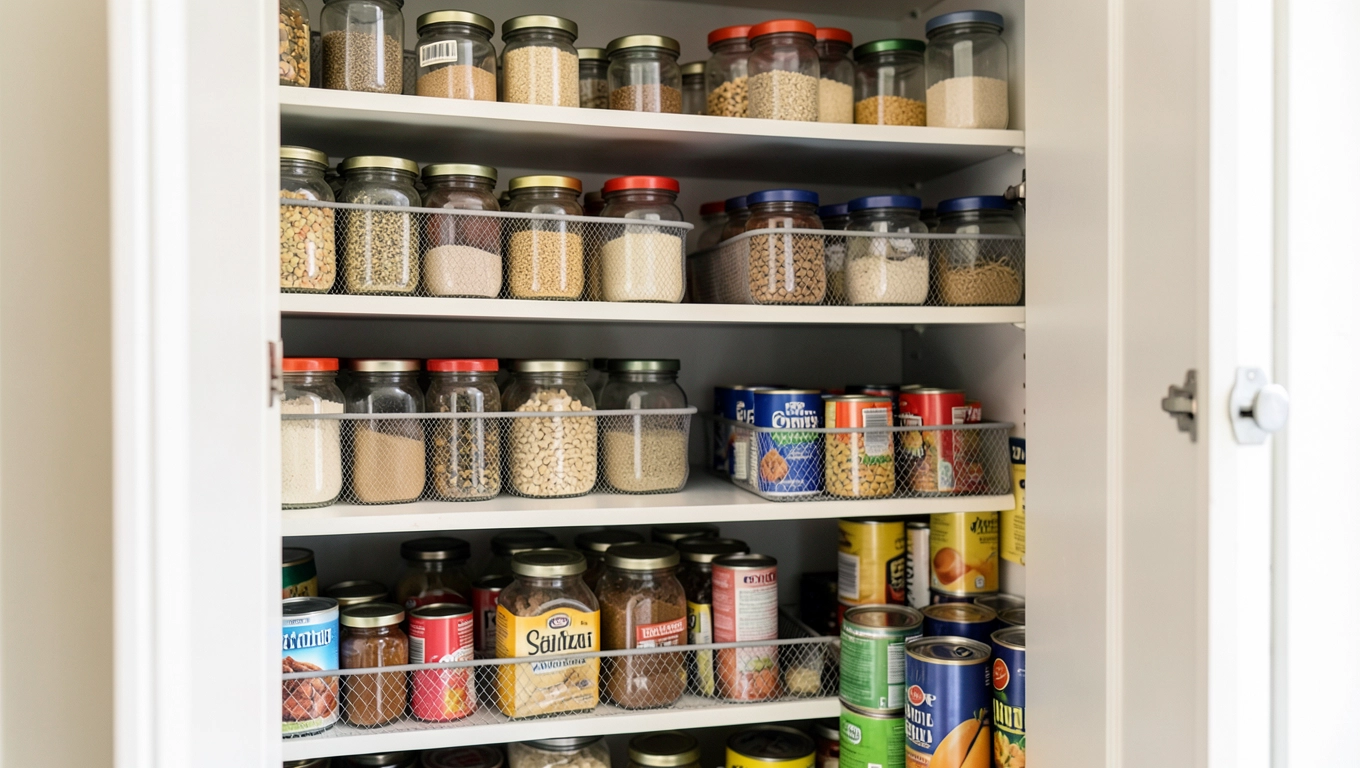Półki i kosze wiszące w spiżarni