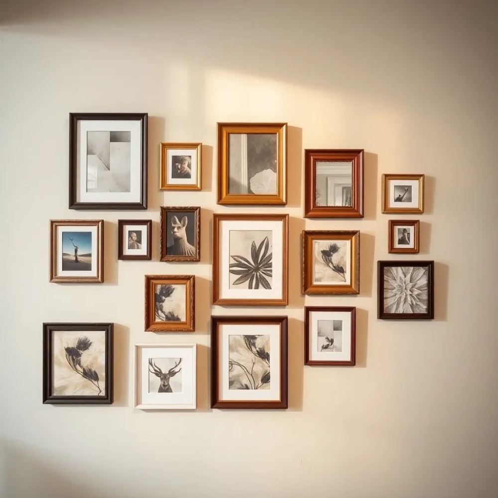 Ramki na ścianie w salonie