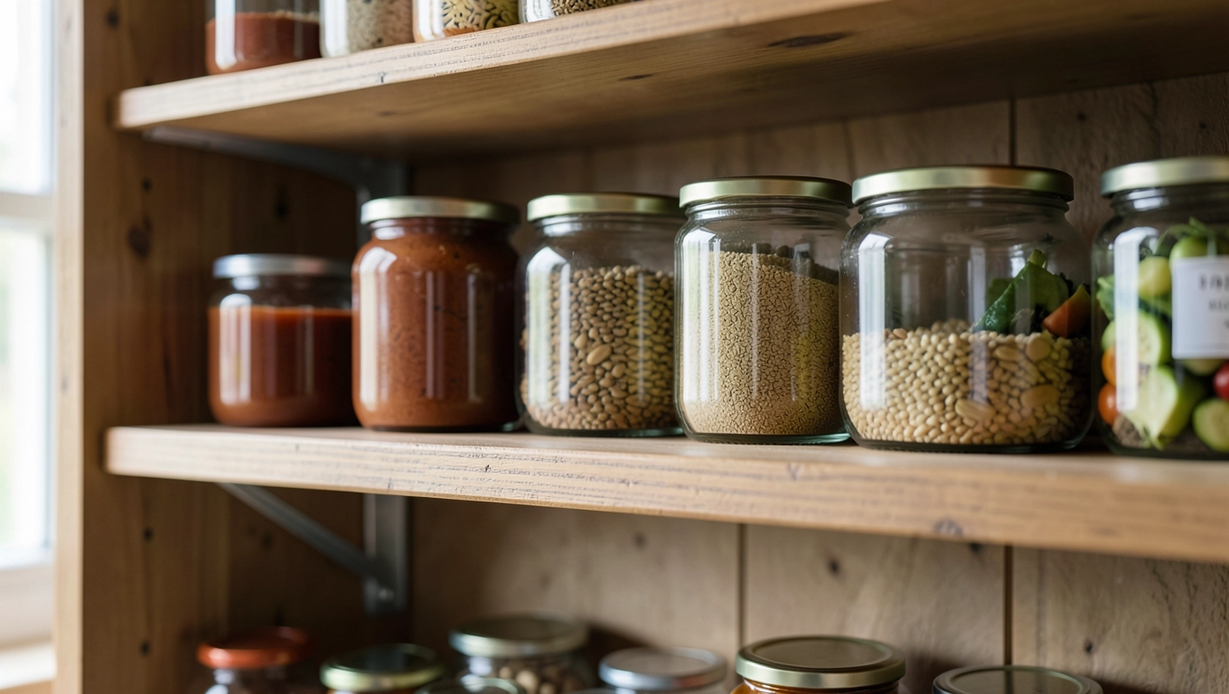 Regały drewniane w spiżarni