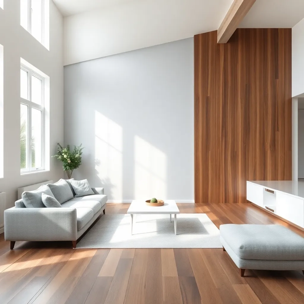 Salon biało szary z drewnem