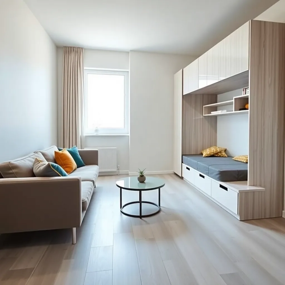 Salon i sypialnią w jednym pokoju w bloku