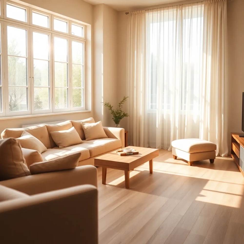 Salon w beżach i drewnie