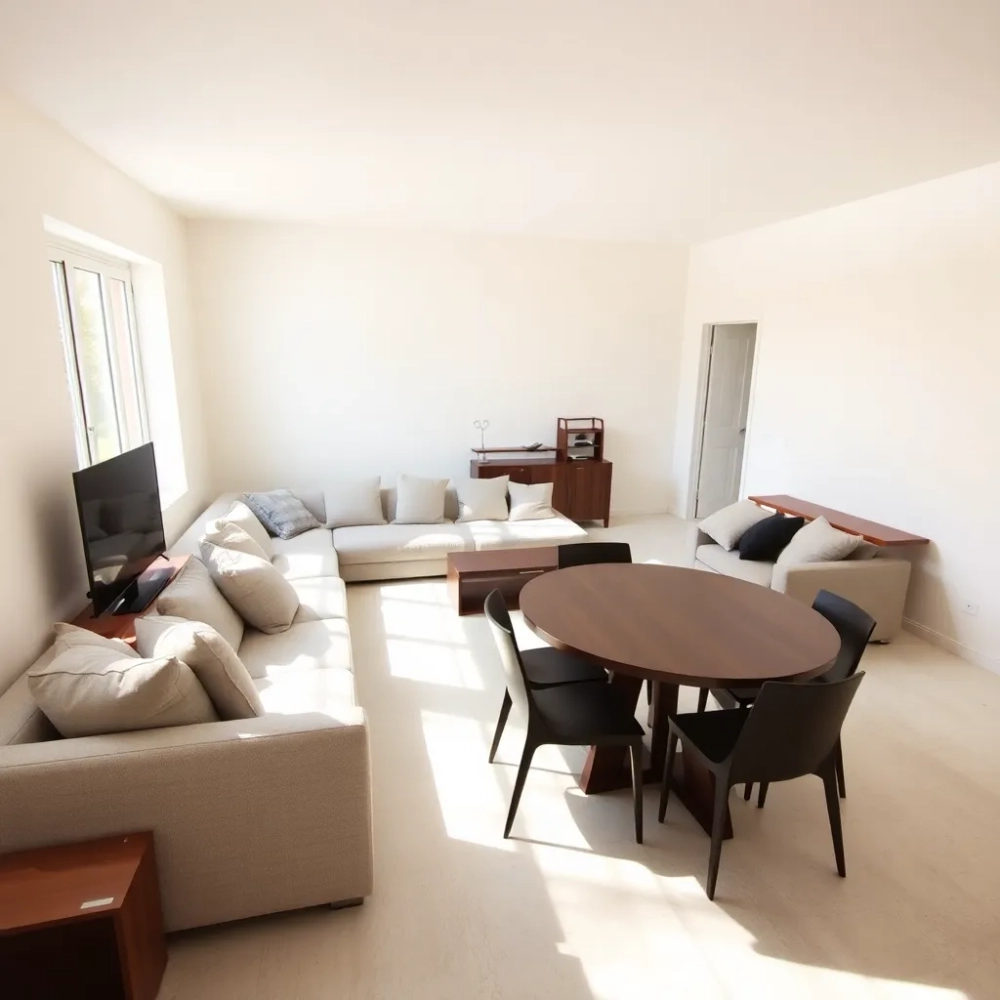 Salon z narożnikiem i stołem