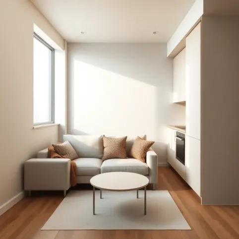 Aranżacja małego salonu z aneksem kuchennym