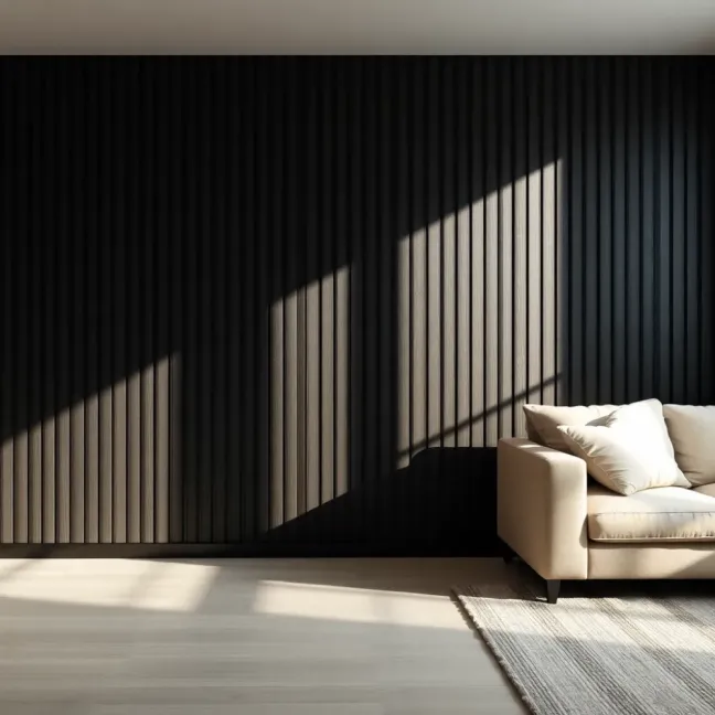 Czarną ścianą w salonie z lamelami