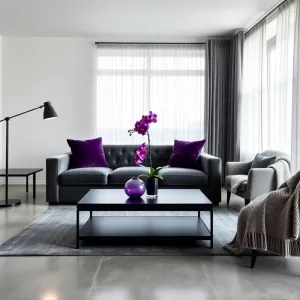 Fioletowe dodatki do szarego salonu