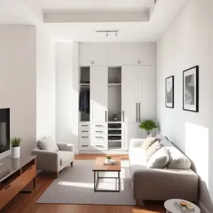 Mały salon w bloku z szafa