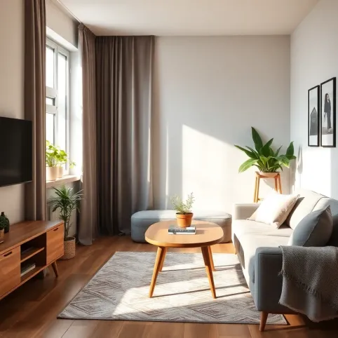 Mały salon w bloku ze stołem