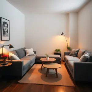 Mały salon z narożnikiem i stołem