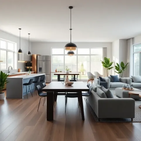 Nowoczesna kuchnia z jadalnią i salonem