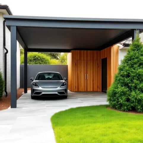 Nowoczesna wiata garażowa z pomieszczeniem gospodarczym