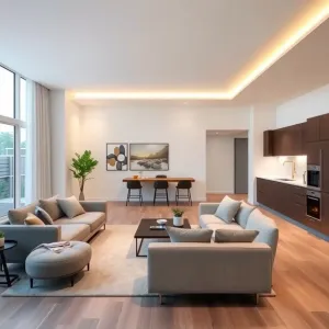 Nowoczesne oświetlenie salonu z aneksem kuchennym