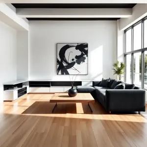 salon biało czarny z drewnem