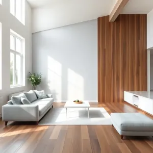 Salon biało szary z drewnem