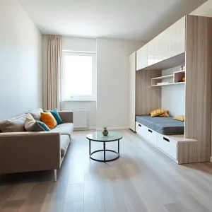 Salon i sypialnią w jednym pokoju w bloku