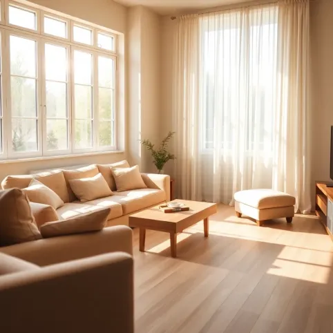 Salon w beżach i drewnie