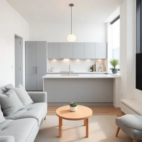 Salon z aneksem kuchennym w bloku
