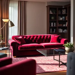 Salon z bordową kanapa