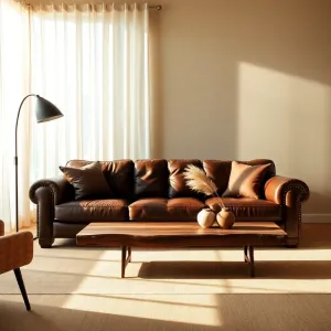 Salon z brązową kanapą