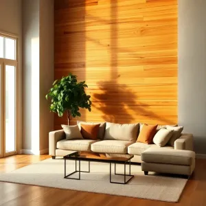 Salon z drewnem na ścianie