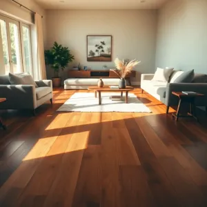 Salon z drewnianą podłogą