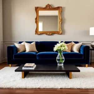 Salon z granatowymi dodatkami