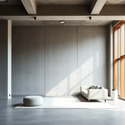 Salon z lamelami i betonem