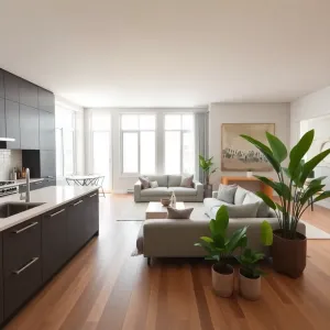 Styl nowoczesny salon z kuchnią