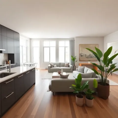 Styl nowoczesny salon z kuchnią