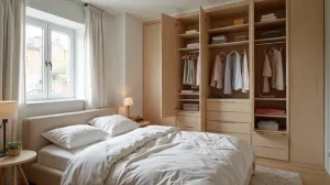 Sypialnia z garderobą za łóżkiem