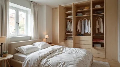 Sypialnia z garderobą za łóżkiem