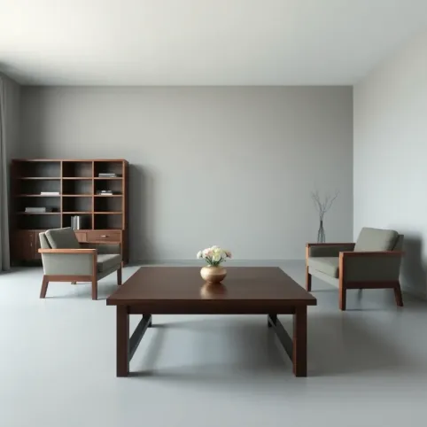 Szary pokój z brązowymi meblami