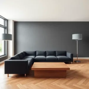 Szary salon z drewnem