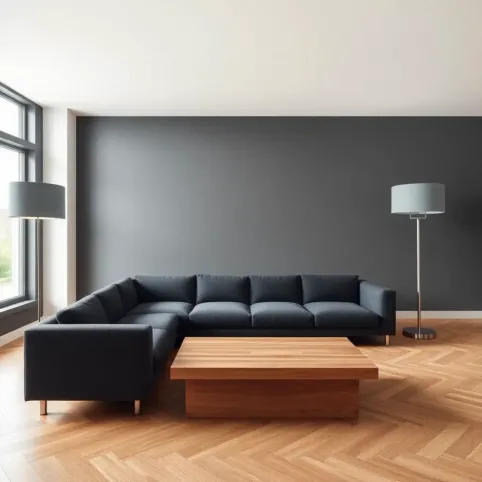 Szary salon z drewnem