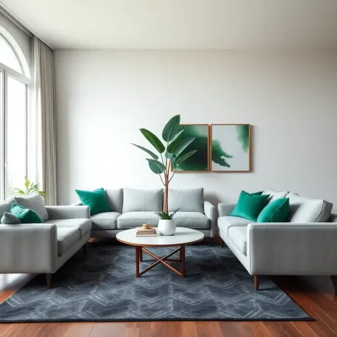 Szary salon z zielonymi dodatkami